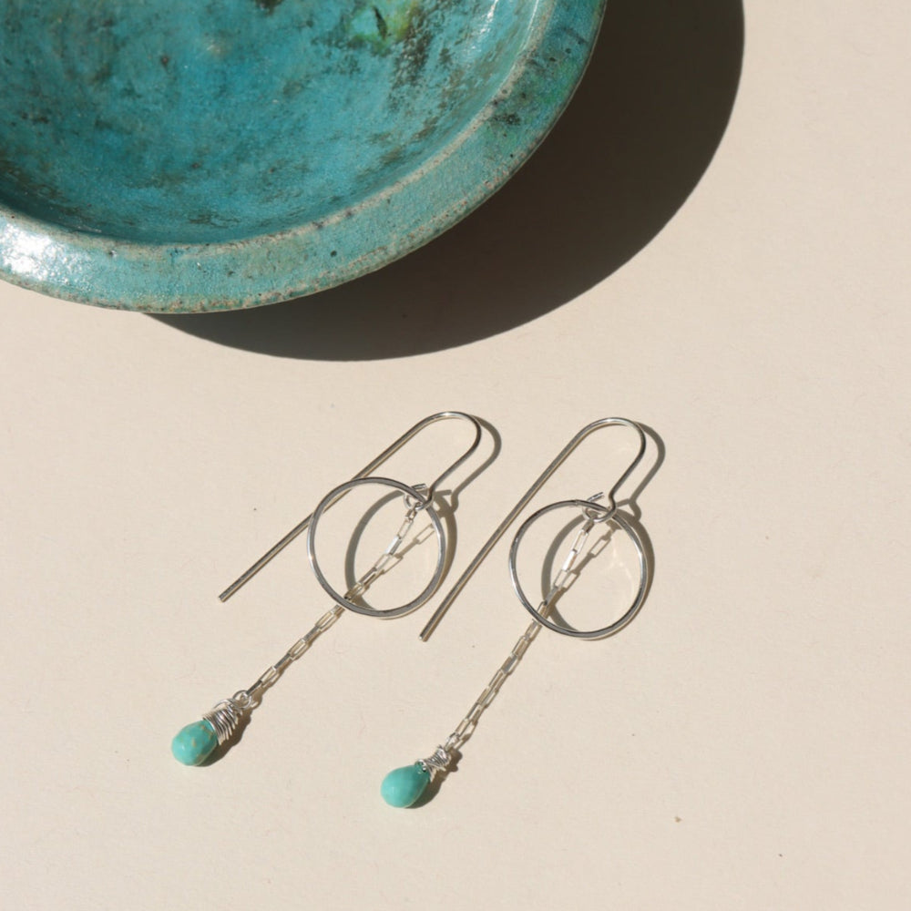 Desert Drop Earrings with turquoise teardrop, hand-forged circle, and delicate box chain—your go-to summer earrings.