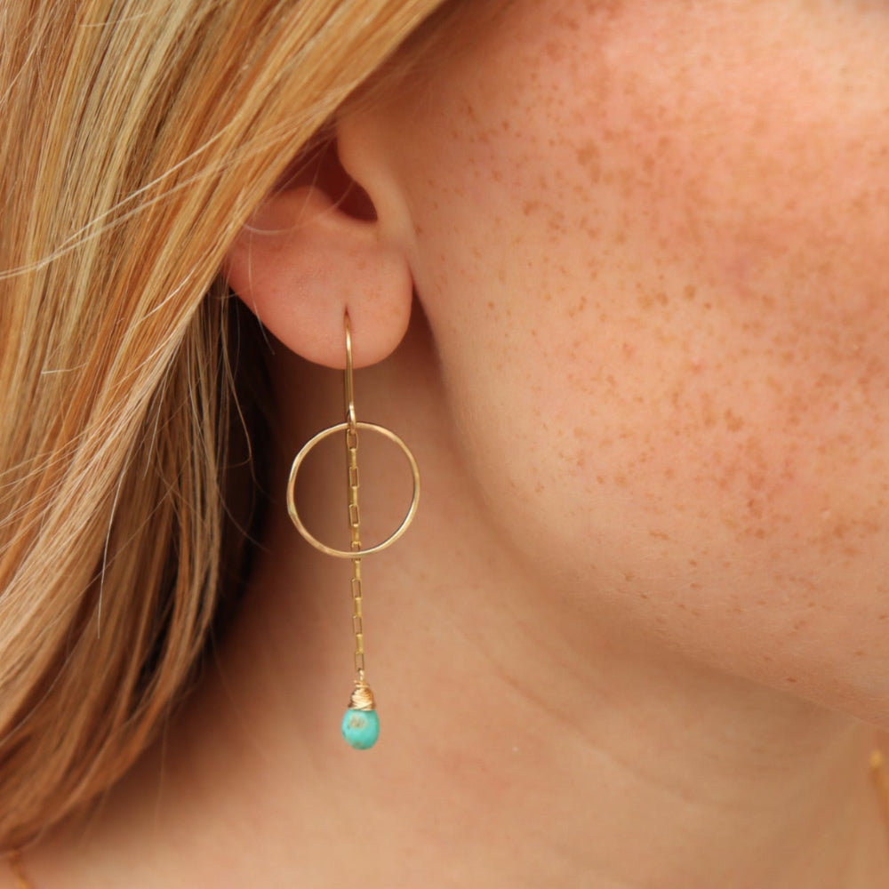 Desert Drop Earrings with turquoise teardrop, hand-forged circle, and delicate box chain—your go-to summer earrings.