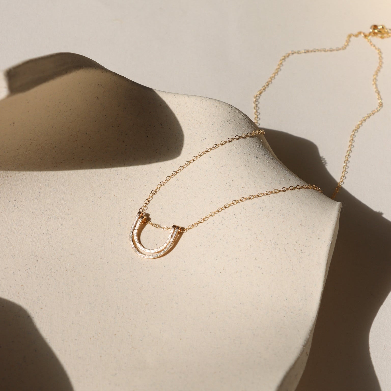 14k gold fill hammered pendant on a 14k gold fill dainty necklace chain