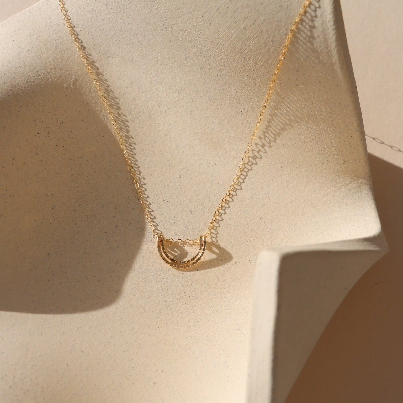 14k gold fill hammered pendant on a 14k gold fill dainty necklace chain