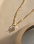 square cut cubic zirconia pendant set in a gold filled bezel and hanging from a delicate box chain.
