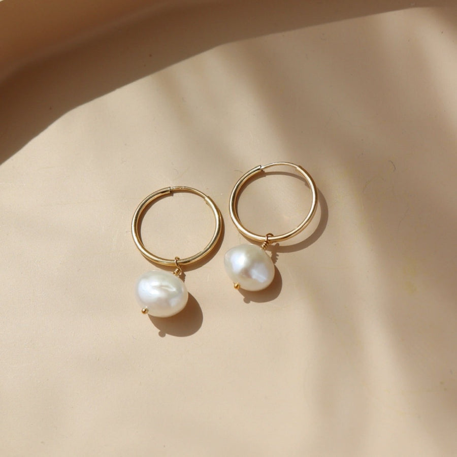 Keshi Pearl Drops - 16mm endless hoop - 14k gold fill - sterling silver - keshi pearl - locally handmade in our Eau Claire, WI studio - Token Jewelry