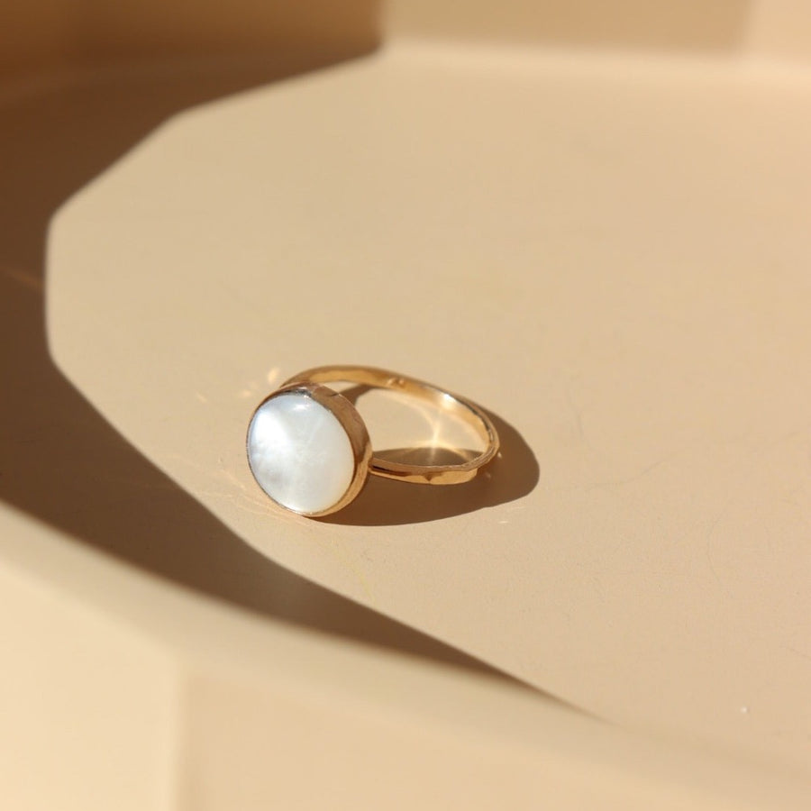 mother of pearl 10mm pearl bezel in gold fill or sterling silver ring, locally hand made in our Eau Claire, WI studio, Token Jewelry