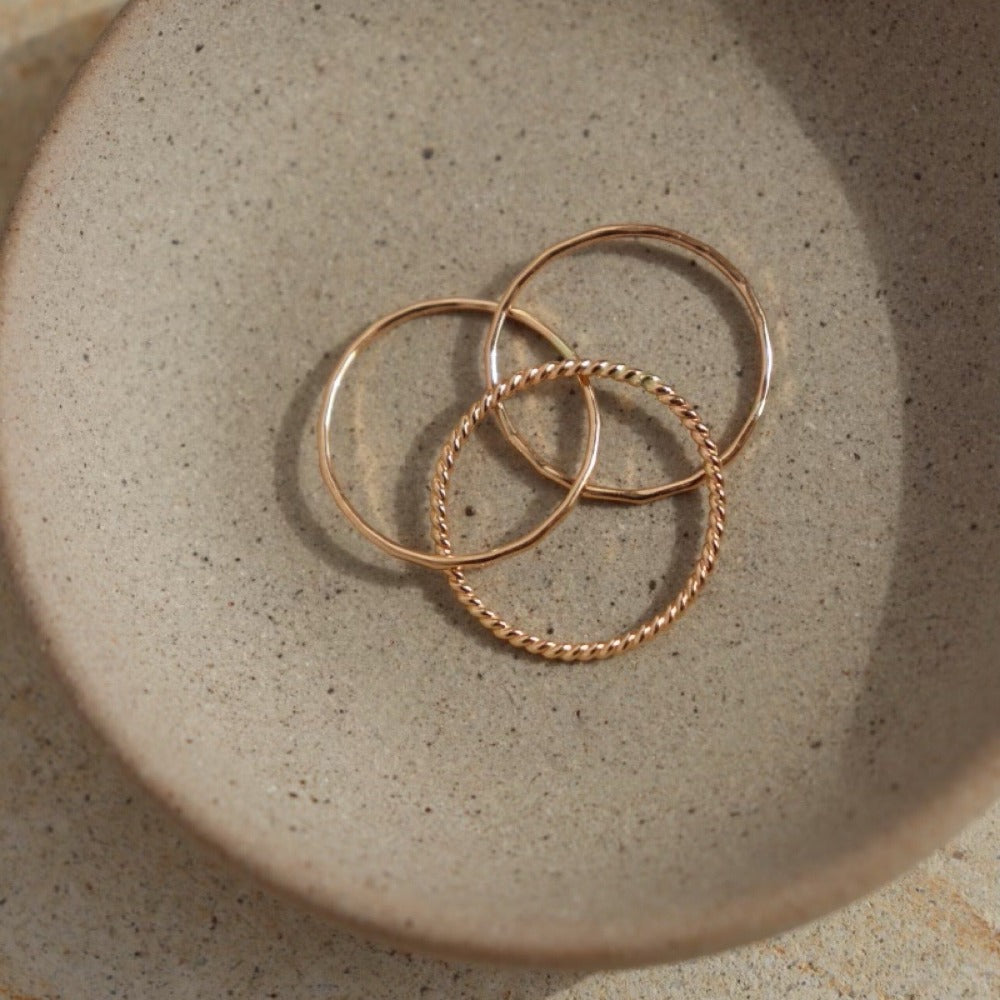 two stacking bands one spiral band all connected to each other in one - trio ring - stacking bands - fidget ring - 14k gold fill or sterling silver - locally handmade in our studio in Eau Claire, WI - Token Jewelry